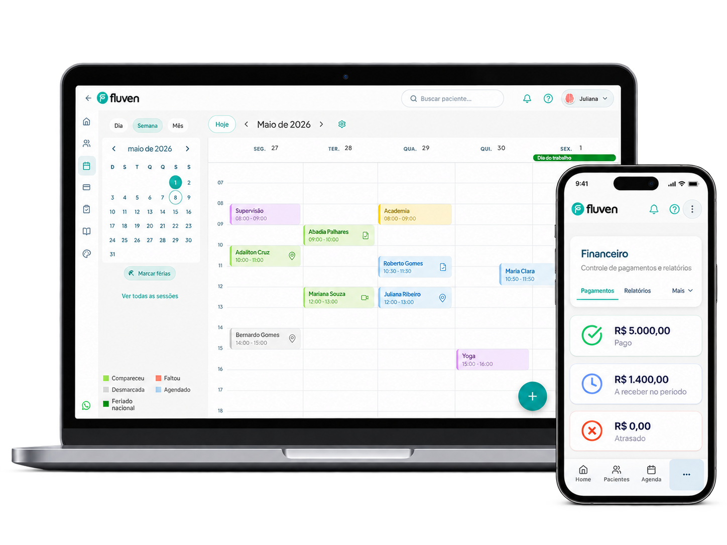 Fluven no computador e no celular: agenda semanal de sessões e controle financeiro